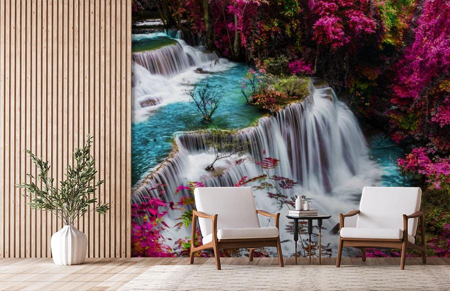 fototapeta-wodospady-i-rozowe-kwiaty