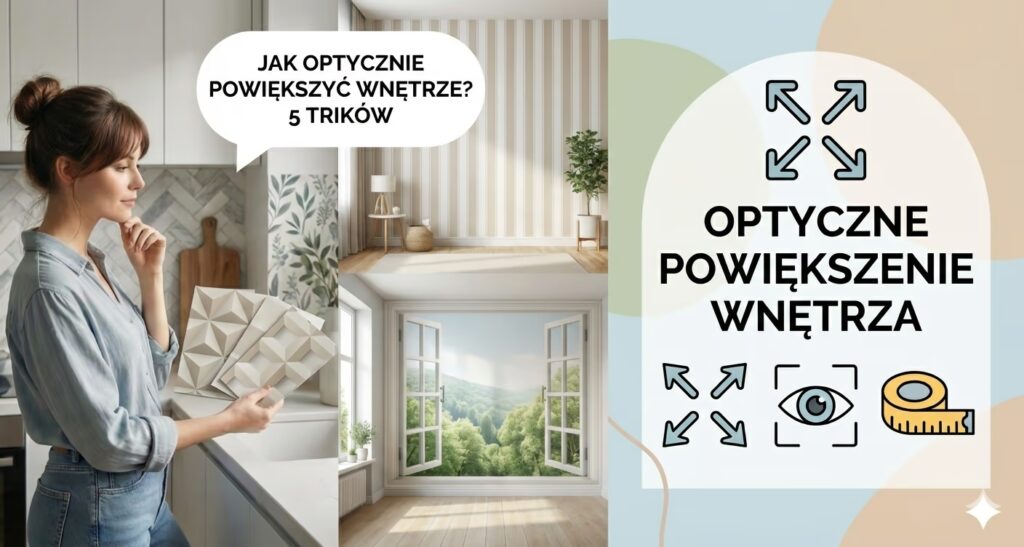 Kobieta wybierająca tapetę 3D, obok przykłady wnętrz z tapetą w pasy i fototapetą z oknem, oraz ikony symbolizujące optyczne powiększanie.