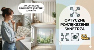 Kobieta wybierająca tapetę 3D, obok przykłady wnętrz z tapetą w pasy i fototapetą z oknem, oraz ikony symbolizujące optyczne powiększanie.