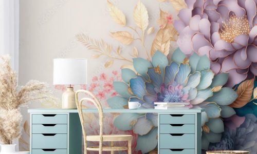 fototapeta-kwiaty-pastelowe-barwy-i-zloto