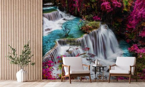 fototapeta-wodospady-i-rozowe-kwiaty